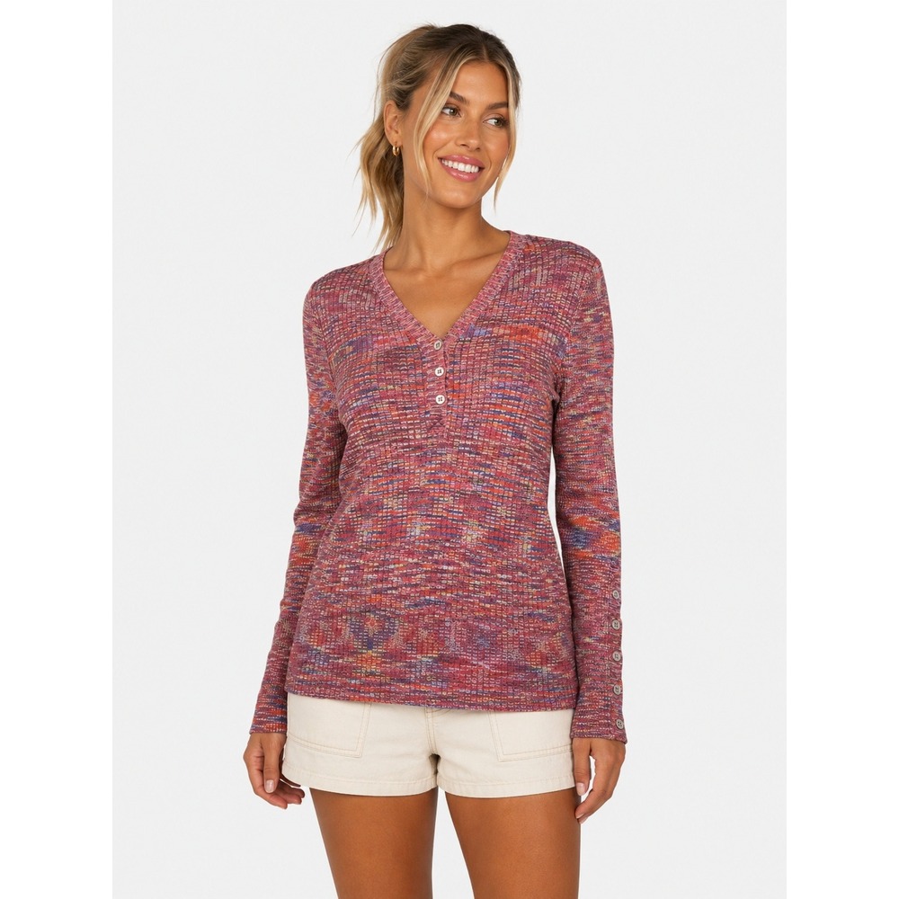 Sundance Pink Multicolor Boho Ribbed Henley Knit Sweater V-Neck L